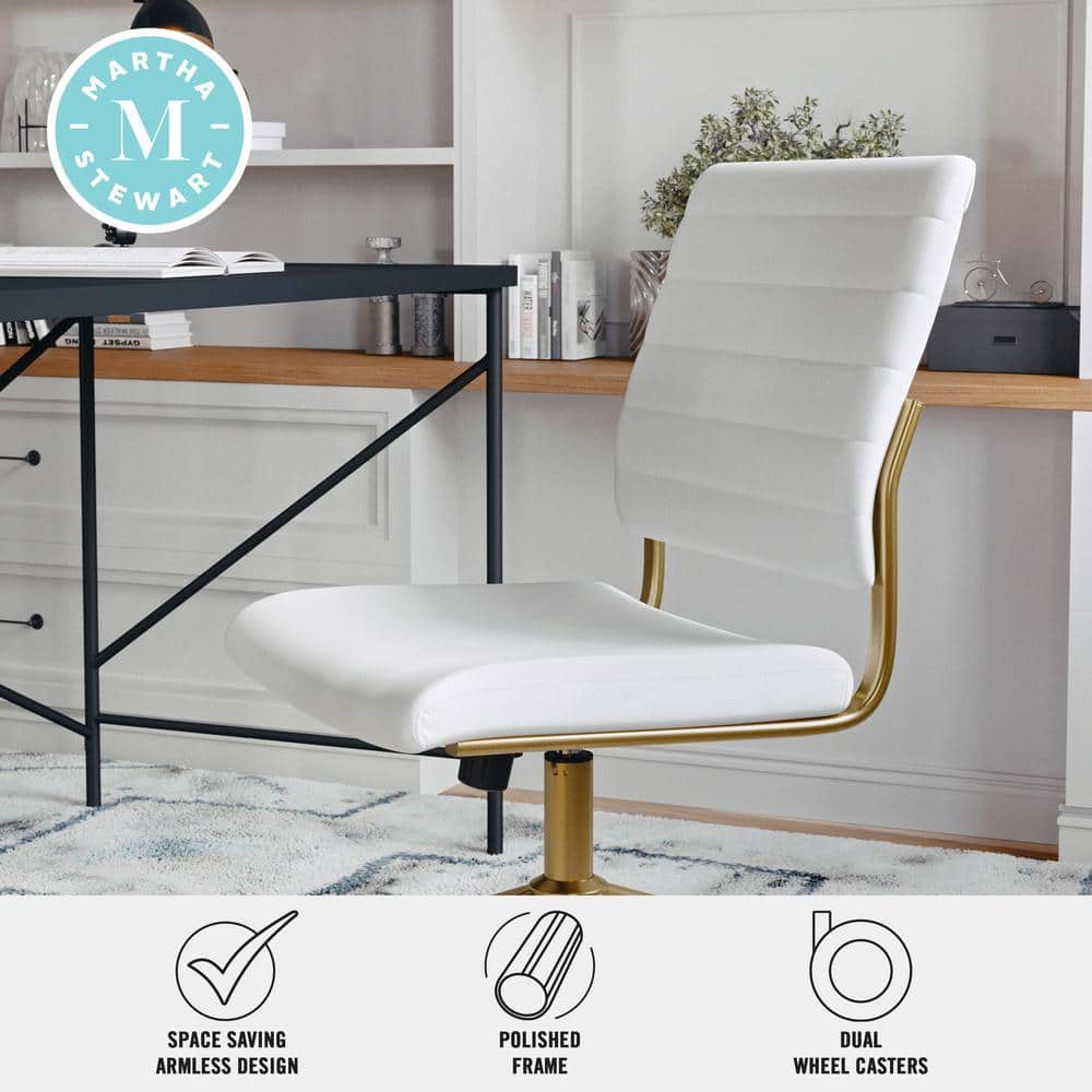 White Faux Leather Armless Swivel Office Chair with Brass Frame