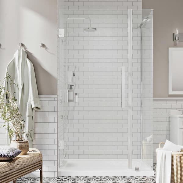 Tampa-Pro 36in. L x 36in. W x 75in. H Corner Shower Kit w/Pivot Frameless Shower Door in Chrome w/Shelves and Shower Pan