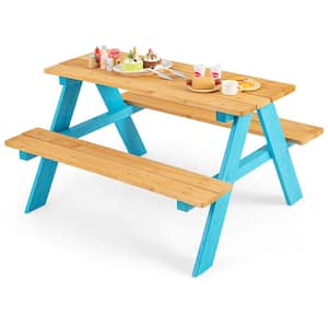 Blue Kids Picnic Table Kids Dining Table Set for 4 Wooden Bench Seats Backyard