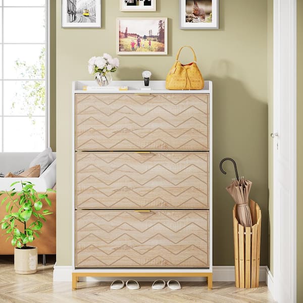 TRIBESIGNS WAY TO ORIGIN Cezalinda Walnut White 50 in. H Storage Cabinet 24 Pair Shoe Cabinet Rack 3 Flip Doors Shoe Tipping Shoe Dresser Shelf