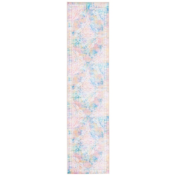 SAFAVIEH Bahia Ivory/Blue 2 ft. x 9 ft. Machine Washable Distressed Floral Runner Rug