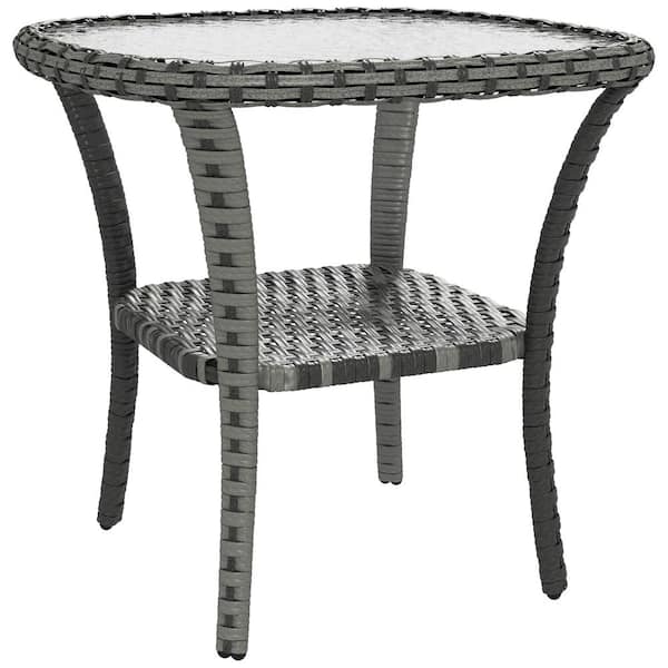 Unbranded Gray Wicker Coffee Table with Storage Shelf and Glass Top for Garden, Porch, Backyard