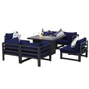 Charcoal 7-Piece Aluminum Patio Conversation Deep Seating Set, Fire Pit Table and Navy Blue Cushions