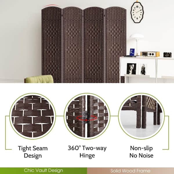 71 in. Brown 4-Panel Natural Folding Room Divider, Hand-Woven Wood Frame, Privacy Screen for Living Room