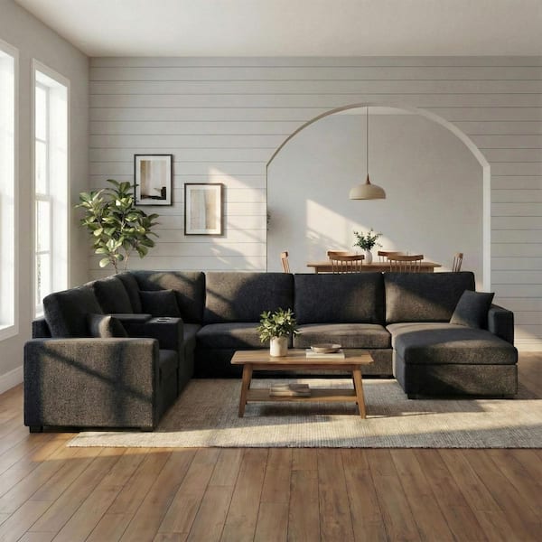 Bastor Modern 134.3 in. Square Arms Chenille Upholstered U-Shaped Sectional Sofa in Black with Cup Holders and Pillows
