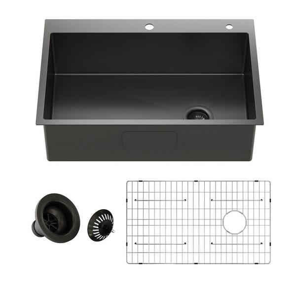 Boyel Living 33 in. Drop-In Single Bowl 18-Gauge Black Stainless Steel Kitchen Sink with Cutting board, Accessories