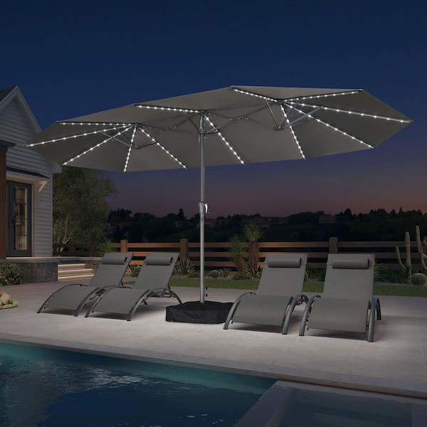 15 ft. Gray Aluminum Solar LED Lights Market Umbrella with Double-Sided Outdoor Patio Umbrellas with Base in Gray