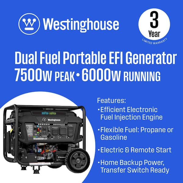 7,500/6,000-Watt Dual Fuel Gas and Propane Powered EFI Portable Generator, Remote Electric Start, CO Sensor