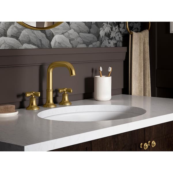 Paces 8 in. Widespread Double Handle Bathroom Faucet with Cross Handles in Vibrant Brushed Moderne Brass