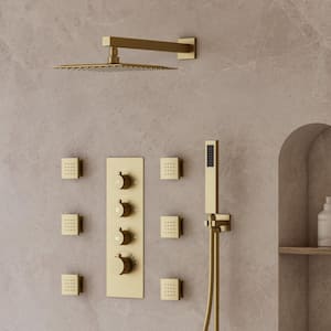 Thermostatic 7-Spray 12 in. Wall Mount Dual Shower Head and Handheld Shower in Brushed Gold (Valve Included)