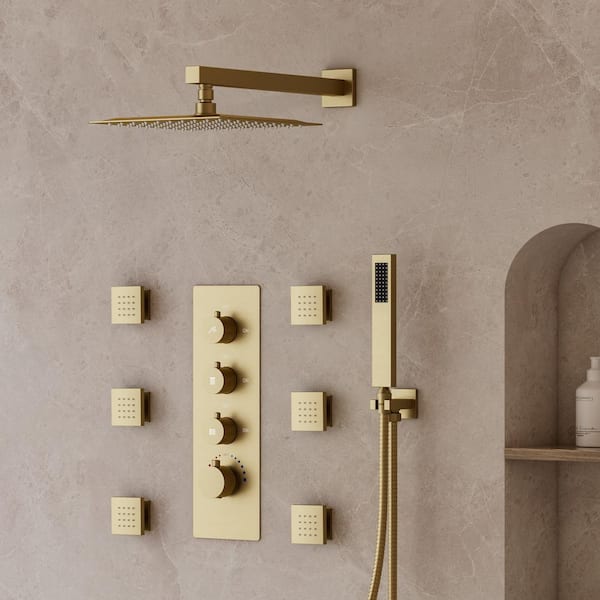 YAWWALK Thermostatic 7-Spray 12 in. Wall Mount Dual Shower Head and Handheld Shower in Brushed Gold (Valve Included)