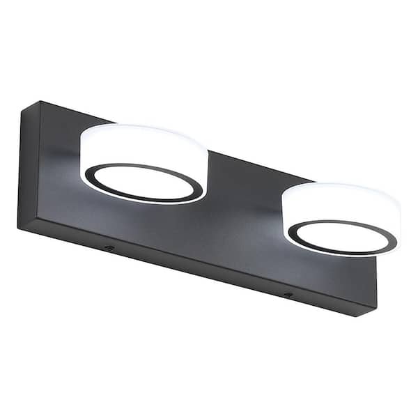 15 in. 2 Light Black LED Vanity Light with 270° Rotatable Lamphead Wall Sconce Dimmable 5500K Light