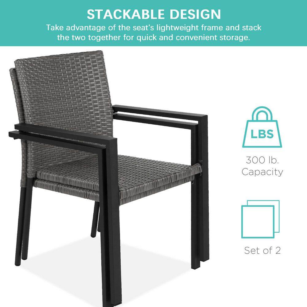 Set of 2 Gray Wicker Stackable Outdoor Dining Chairs with Armrests