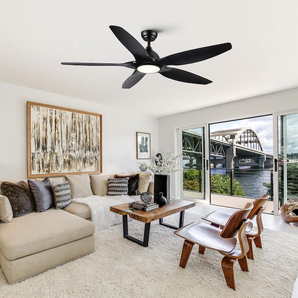 60 in. Integrated LED Indoor Black Downrod Ceiling Fan with Light Kit and 5 ABS Blades