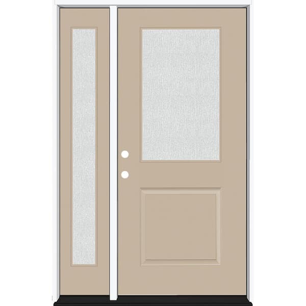 Steves & Sons Legacy 51 in. W x 80 in. 1/2 Lite Rain Glass RHIS Primed Sandstone Finish Fiberglass Prehung Front Door with 12 in. SL