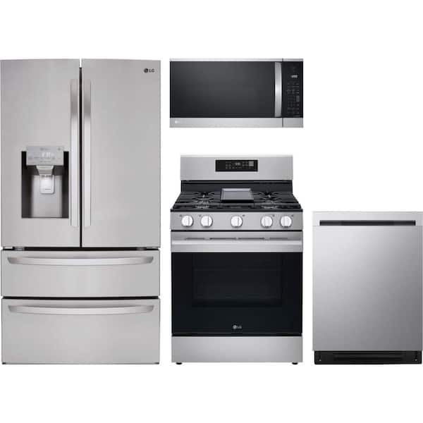 28 cu. ft. Standard Depth French Door Refrigerator with 5 Burner Freestanding Gas Range & Dishwasher with 3rd Rack