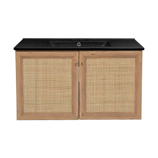 Swiss Madison Classe 36 in. Wall Hung Bathroom Vanity in Brown Oak with Black, 3-Hole Ceramic Sink Top