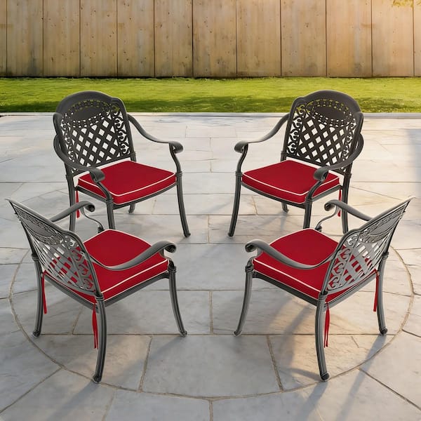 Black Cast Aluminum Patio Dining Chair With Red Cushions (4-Pack)