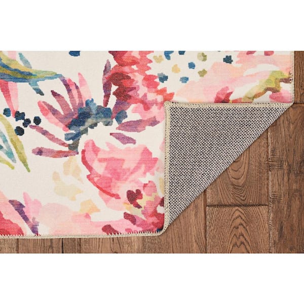 Washable Janelle Raspberry/Ivory 2 ft. x 3 ft. Rectangle Abstract Area Rug