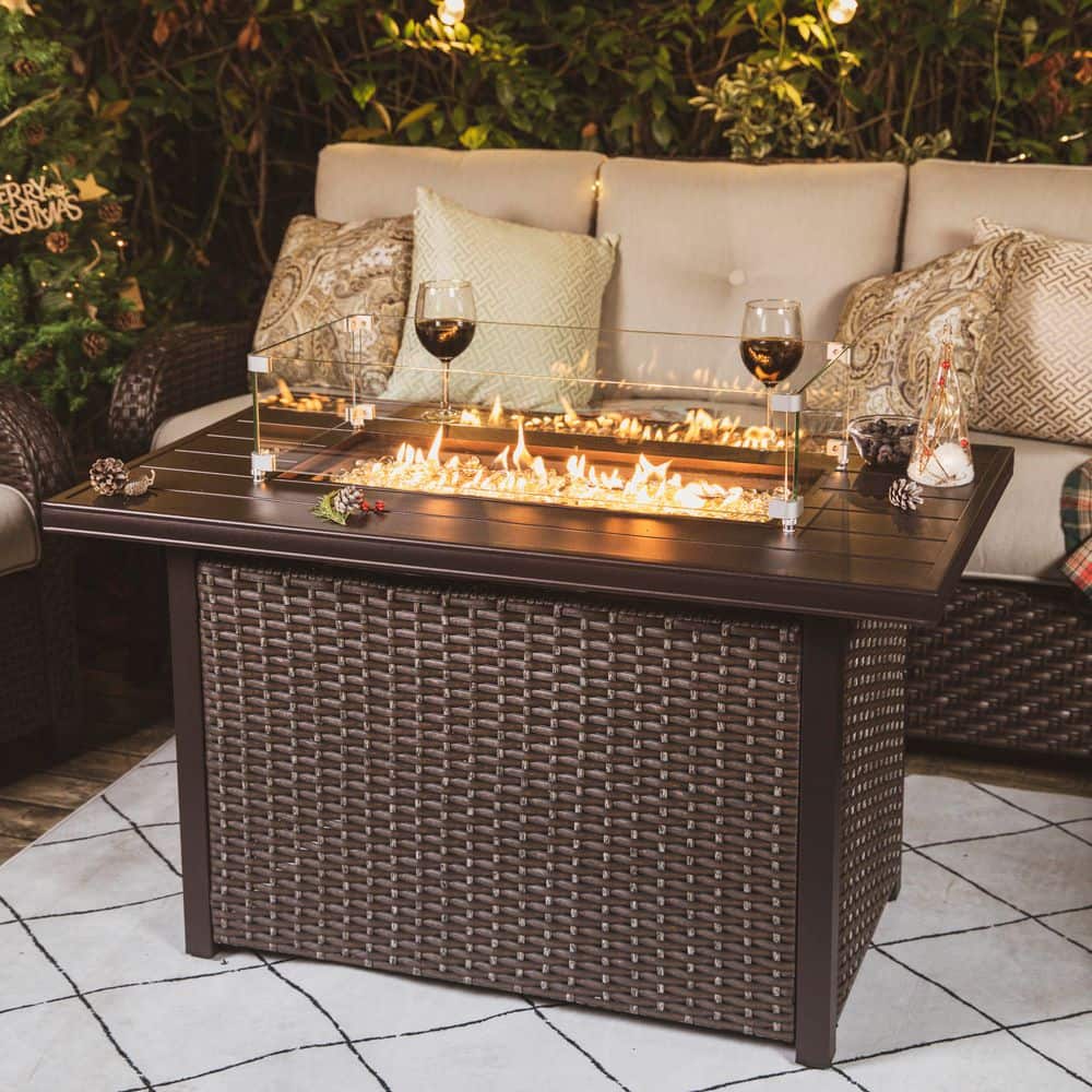 Nuu Garden Brown 43 in. 50000 BTU Rectangular Aluminum Propane Outdoor Fire Pit Table with Glass Wind Guard Lid Fire Glass Beads AF115C-G