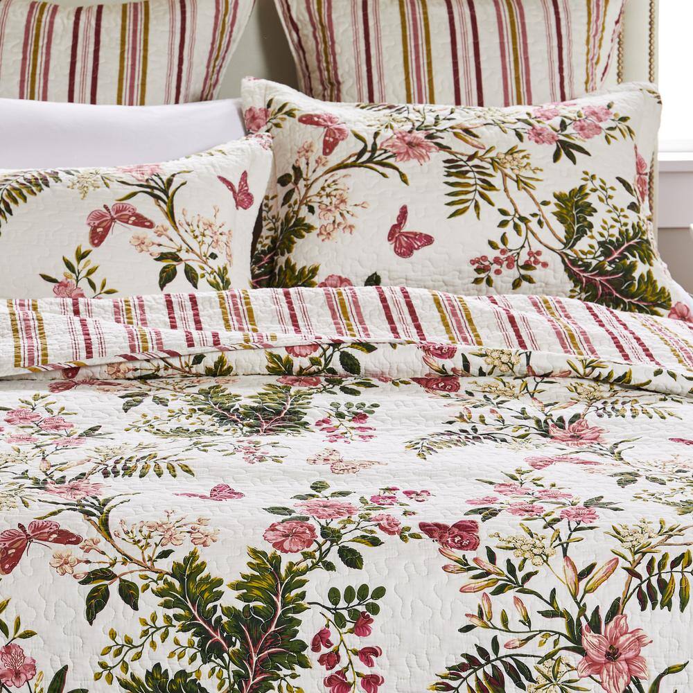 Ivory Cotton Twin Reversible Botanical Quilt Set