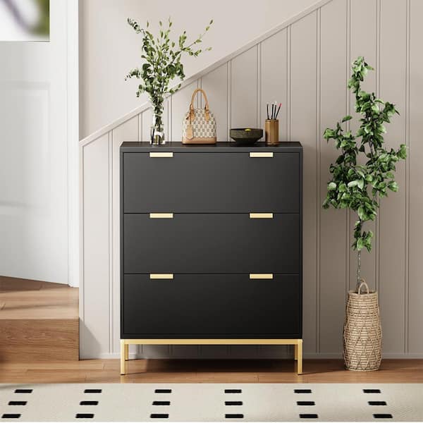 Aupodin 3-Drawer Black Chest of Drawers with Gold Metal Legs Mid Century Modern Dresser 31.5 in. W x 29.5 in. H x 15.7 in. D H0073 - The Home Depot Aupodin 3-Drawer Black Chest of Drawers with Gold Metal Legs Mid Century Modern Dresser 31.5 in. W x 29.5 in. H x 15.7 in. D H0073 - The Home Depot
