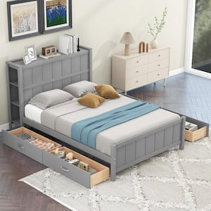 Gray Wood Frame Full Size Platform Bed with Drawers and Storage Shelves