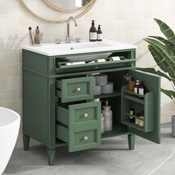 30 in. Single Sink Freestanding Green Bath Vanity with White Ceramic Top Unassembled, 2 Drawers & 1 Tip-out Drawer