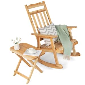 2-Piece Patio Wooden Rocking Chair Bistro Set High Backrest with Folding Side Table