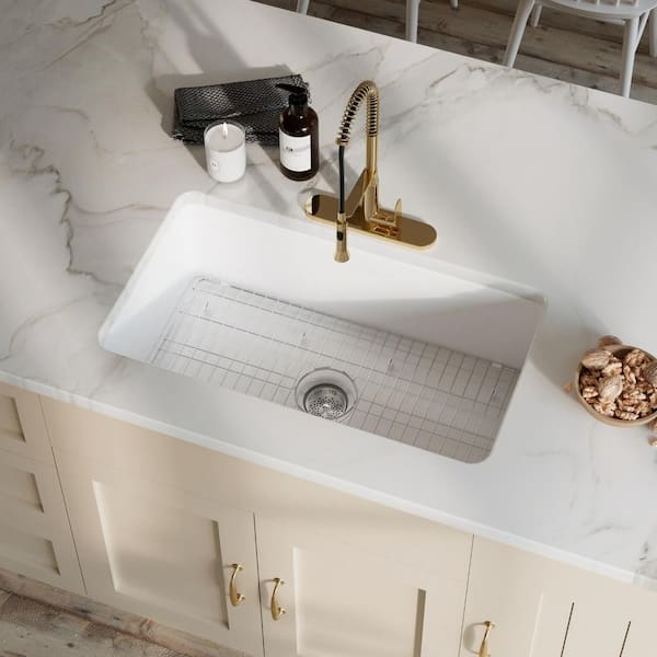 32 in. White Undermount Kitchen Sink, Dual Mount Single Bowl Sink Drop in and Undermount With Grid And Drain Accessories