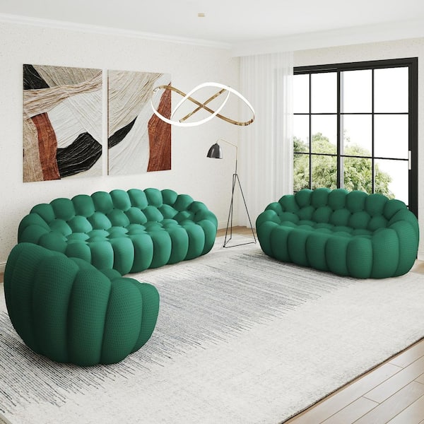 Modern (3-Piece) Green Mesh Fabric Bean Bag Living Room Set Curved Bubble Couch Floor Sofa Set, No Assembly Required