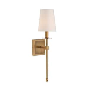 Monroe 5 in. W x 20 in. H 1-Light Warm Brass Wall Sconce with Soft White Fabric Shade