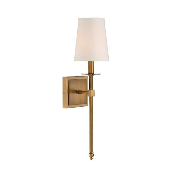 Savoy House Monroe 5 in. W x 20 in. H 1-Light Warm Brass Wall Sconce with Soft White Fabric Shade