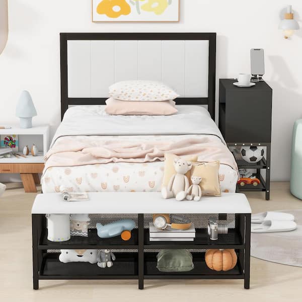 ANBAZAR Black Metal Frame Twin Size Platform Bed with 2-Shelves and Wooden Cabinet for Kids, No Spring Box Needed