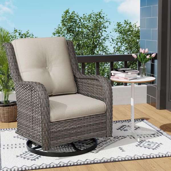 Wicker Outdoor Patio Swivel Rocking Chair with Beige Cushions (1-Pack)