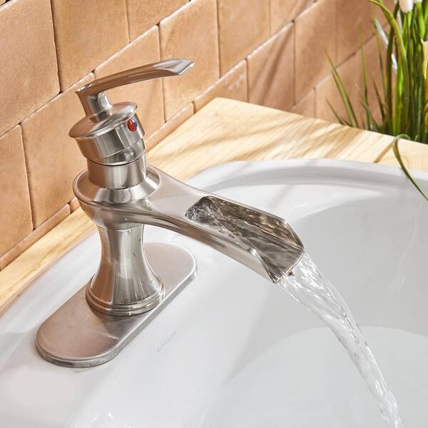 BWE Waterfall Brushed Nickel Bathroom Sink Faucet Single Handle Lavatory Tap 