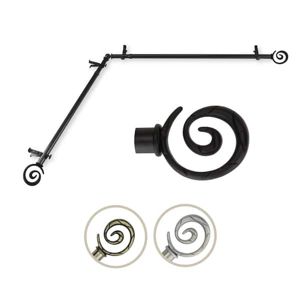 Rod Desyne 13/16" Dia Adjustable 120" to 170" Single Corner Window Curtain Rod in Black with Spiral Finials