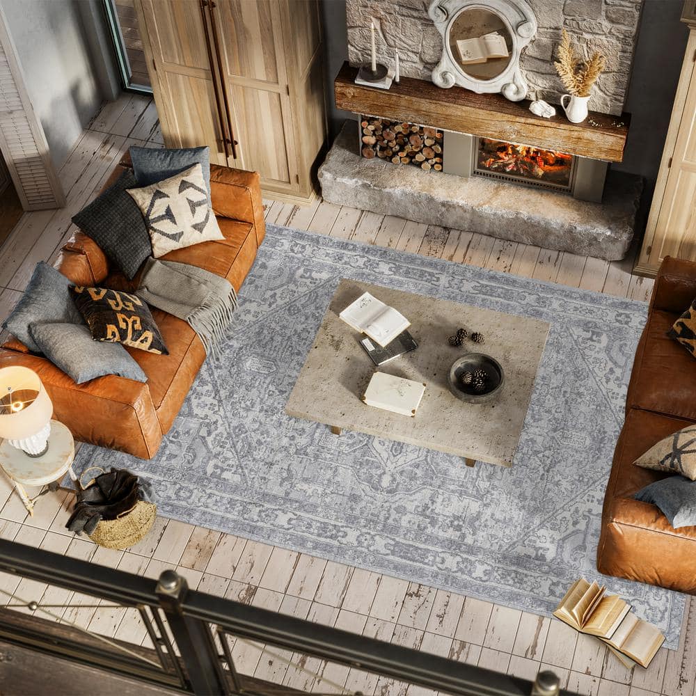 Light Gray/Ivory Synthetic Reversible Rectangular Runner Rug