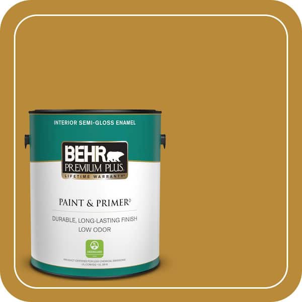 BEHR PREMIUM PLUS 1 gal. #S-H-350 Burmese Gold Semi-Gloss Enamel Low Odor Interior Paint & Primer
