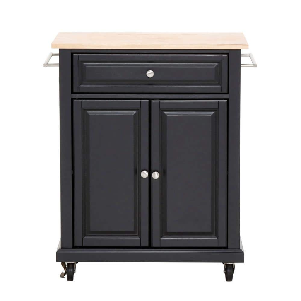 Black Wood Kitchen Cart with Natural Top and Storage