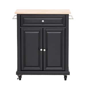 Rolling Black Kitchen Cart with Natural Wood Top