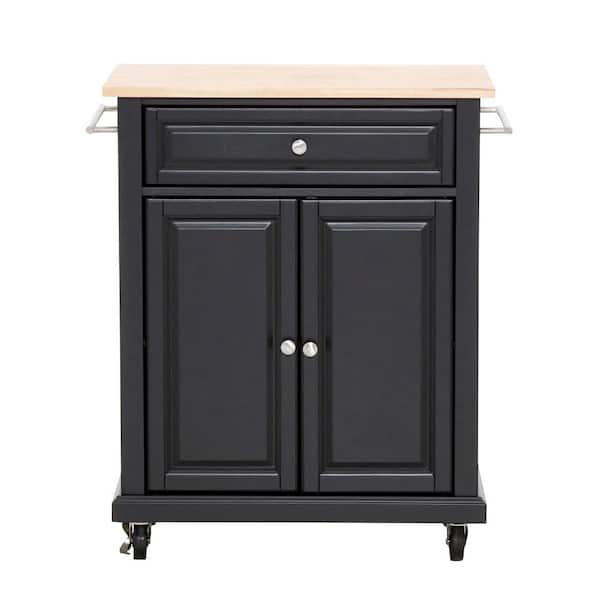CROSLEY FURNITURE Rolling Black Kitchen Cart with Natural Wood Top