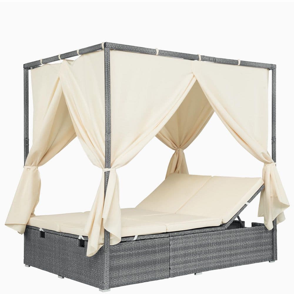 PE Rattan Wicker Outdoor Day Bed with Beige Cushion, Canopy, Multi-Position Recline and Removable for Patio, Garden