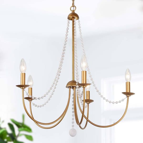 Uolfin Gold Empire Chandelier, Modern 5-Light Brushed Gold Island Dining Room Chandelier with White Wooden Beads