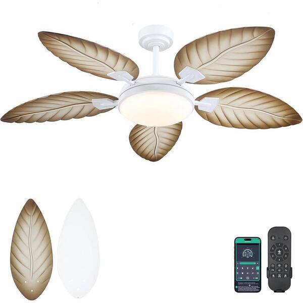 Kviflon 52 in. Indoor/Outdoor White 5 Palm Leaf Shaped Blades Ceiling Fan with Dimmable LED Light and Remote/APP Control
