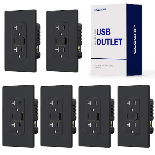 ELEGRP 21W USB Wall Outlet with Type A and Type C USB Ports, 20 Amp Tamper Resistant, with Screwless Wall Plate,Black (6 Pack)
