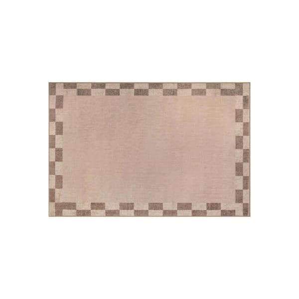 Checkerboard Border Sand Beige Machine Washable Non-Slip Backing Area Rug 2' x 4' Beige
