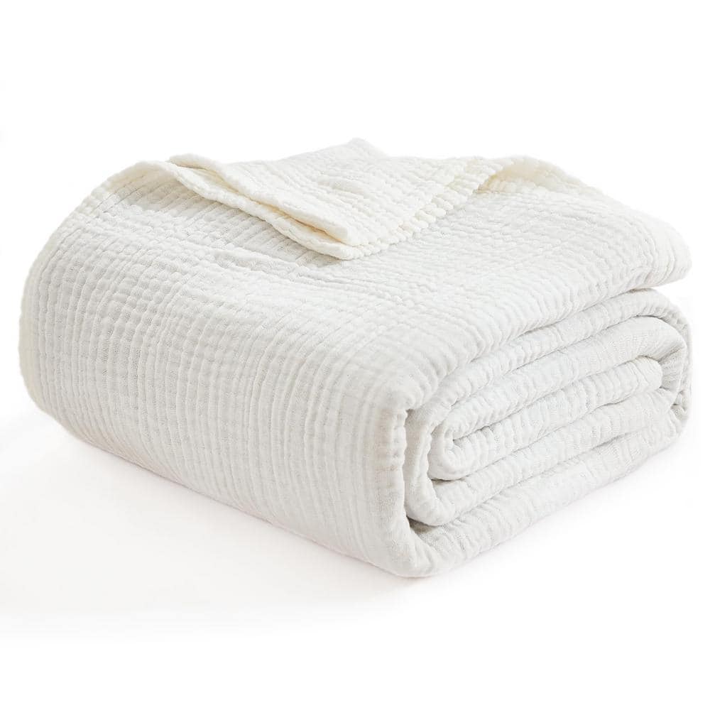 55 in. x 75 in. White Cotton Twin Blanket, Soft Muslin Bed Blankets, All Se