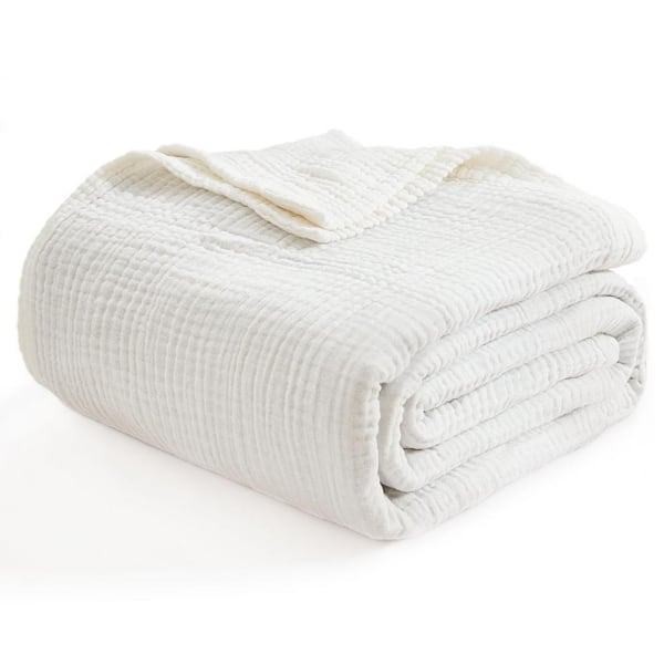 Angel Sar 55 in. x 75 in. White Cotton Twin Blanket, Soft Muslin Bed Blankets, All Season Lightweight Breathable Blanket