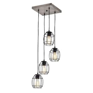 Triscot 4-Light Modern Farmhouse Gray Wood Cluster Pendant with Black Cage